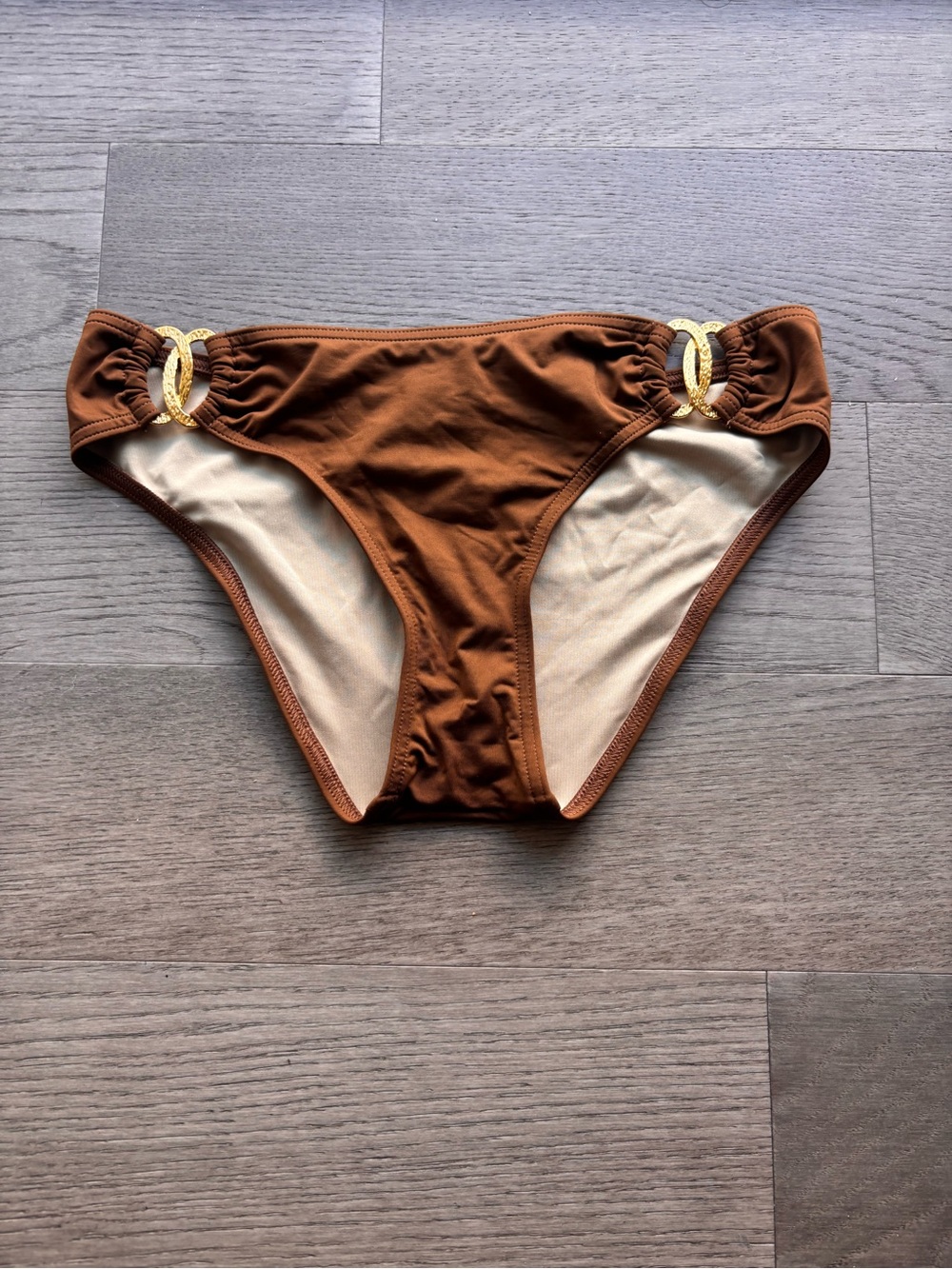 Women's Brown Bikini Bottom with Gold Ring Accents